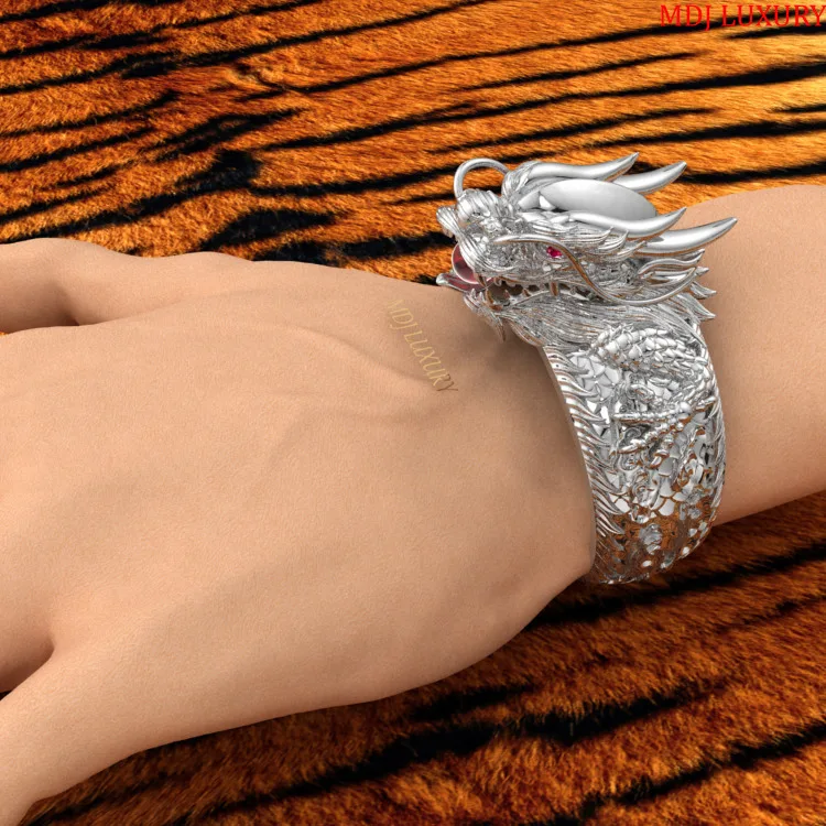 Lắc tay nam vàng trắng 18K - Lắc tay Rồng 18K LTN06