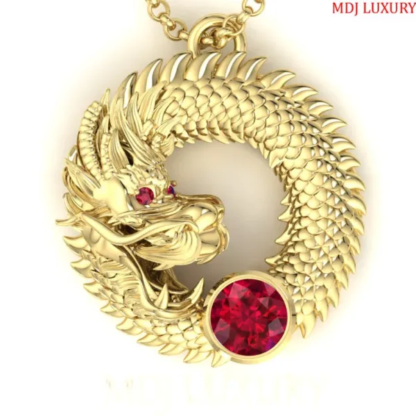 Mặt Dây Chuyền Nam Rồng Vàng Trắng - Đá Ruby MDC25