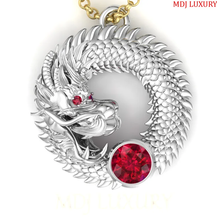 Mặt Dây Chuyền Nam Rồng Vàng Trắng - Đá Ruby MDC25