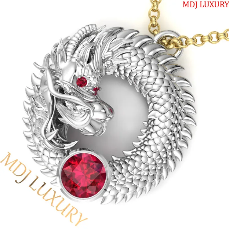Mặt Dây Chuyền Nam Rồng Vàng Trắng - Đá Ruby MDC25