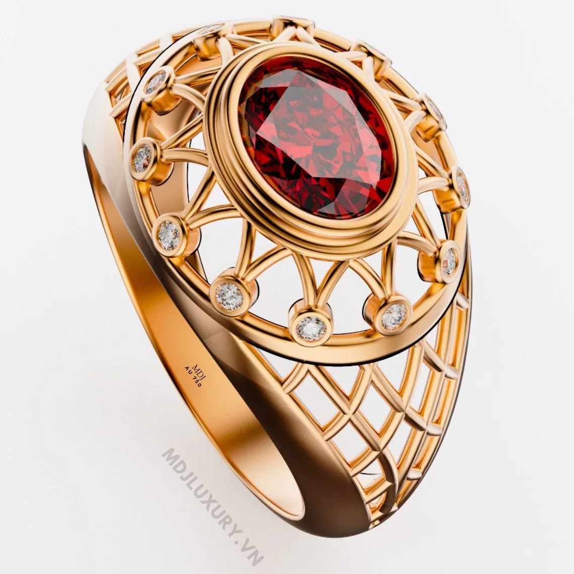 Nhẫn Nam Cao Cấp Kim Cương Đá Chủ Ruby Vàng Tây 18K - NN341