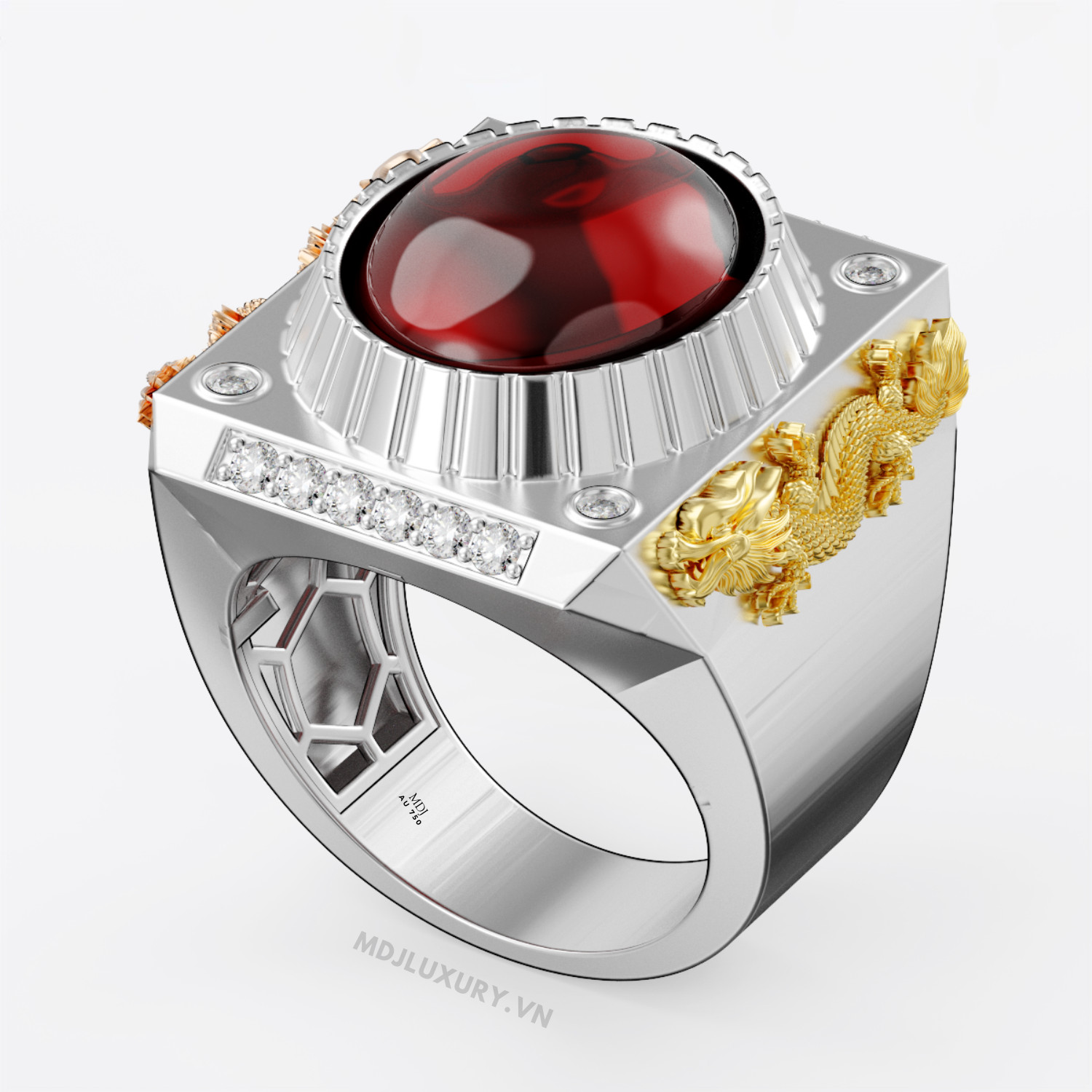 Nhẫn Nam Vàng 18K Song Long Đá Ruby Sang trọng – NN355