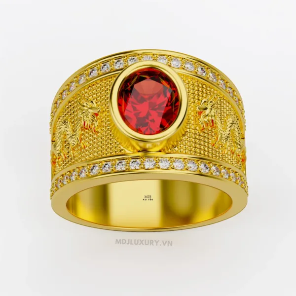 Nhẫn Nam Má Rồng Vàng Trắng 18K Đá Ruby Thiên Nhiên Cao Cấp - NN346