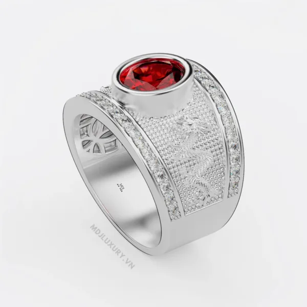 Nhẫn Nam Má Rồng Vàng Trắng 18K Đá Ruby Thiên Nhiên Cao Cấp - NN346
