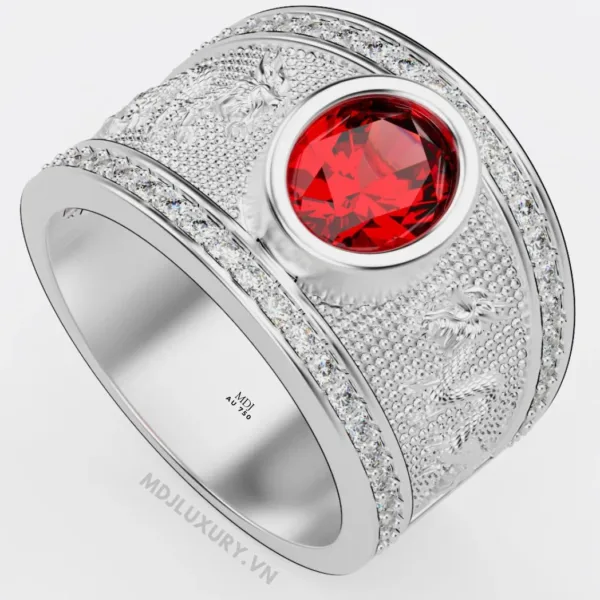 Nhẫn Nam Má Rồng Vàng Trắng 18K Đá Ruby Thiên Nhiên Cao Cấp - NN346