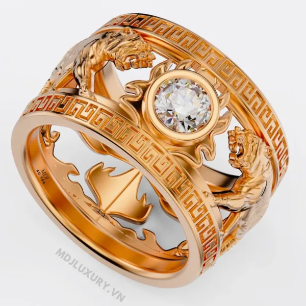 Nhẫn Vàng Nam Song Hổ Đá Ruby Cao Cấp NN154